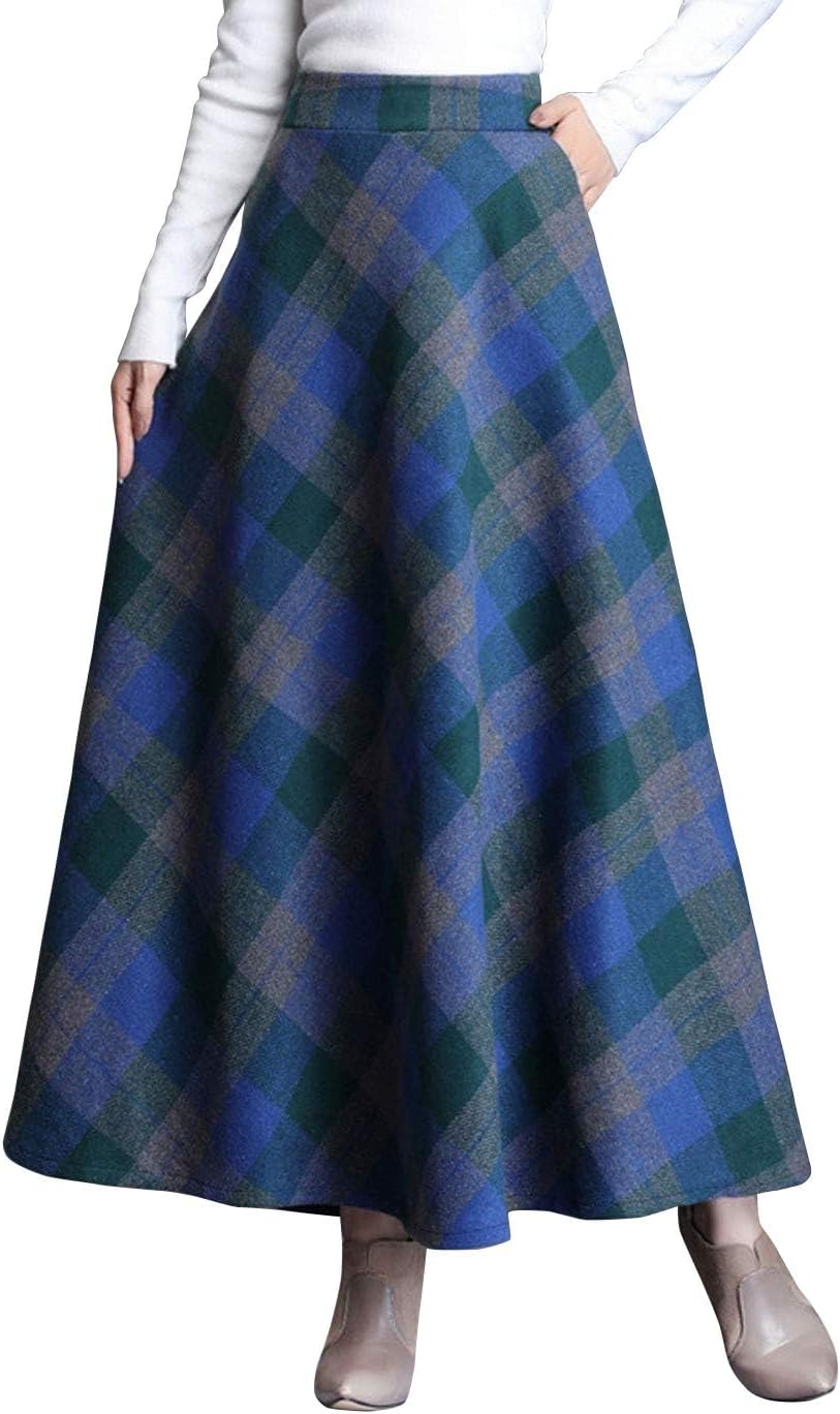 ebossy Women's Vintage High Waist Plaid A-Line Maxi Skirt