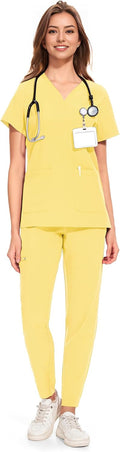 COZYFIT Medical Scrubs for Women Set - 8 Pockets, Curved V-Neck