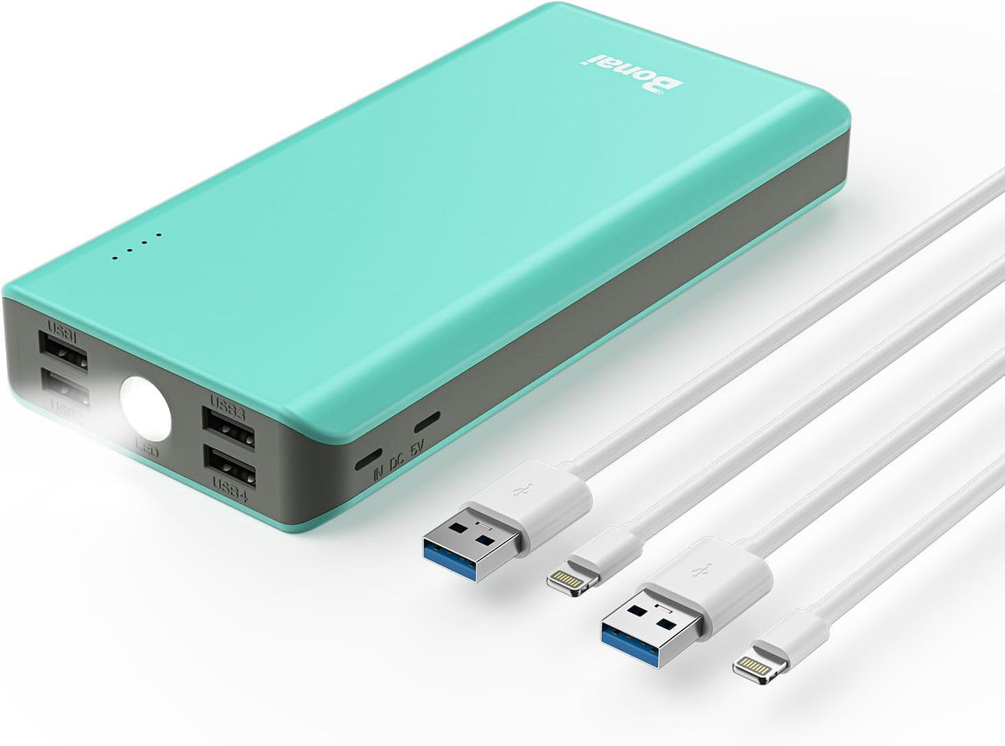 30000mAh Green Portable Charger with 4-USB Outputs - Fast Charging for iPhone & Android
