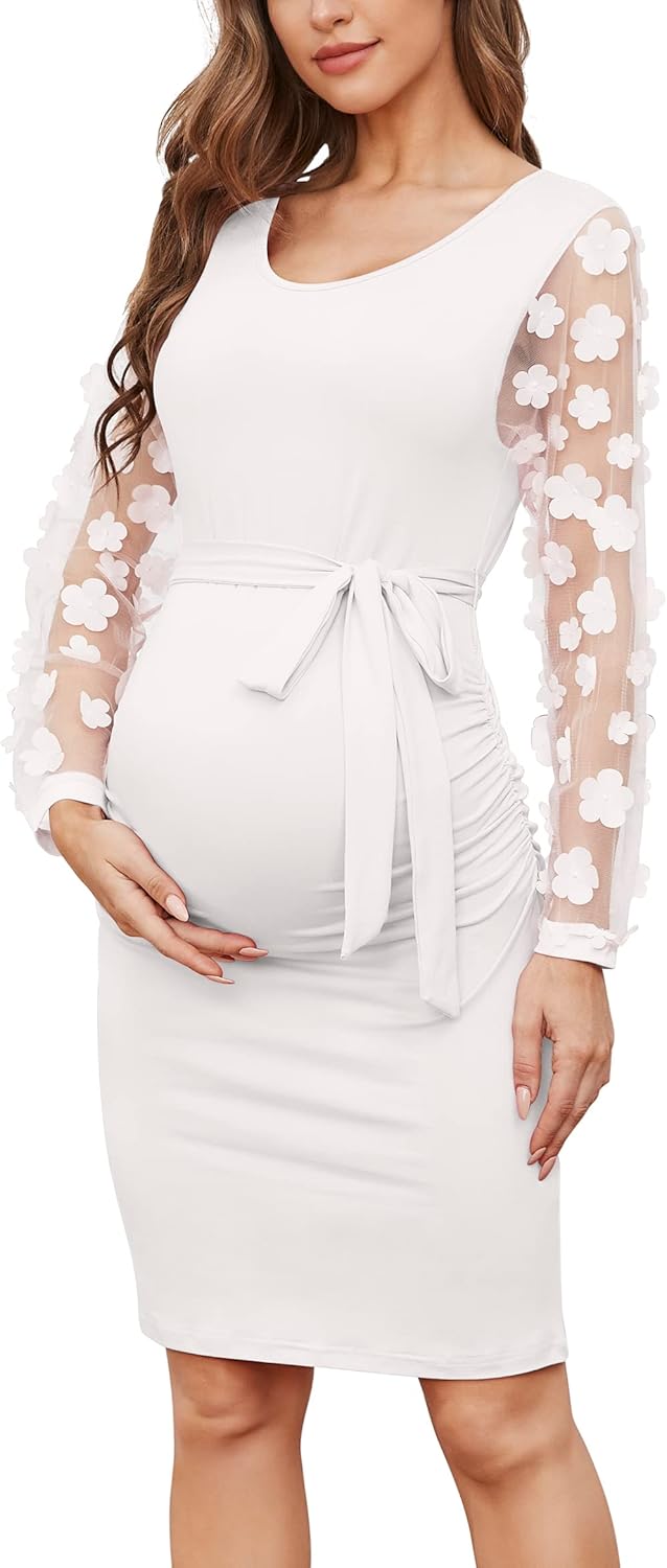 Floral Mesh Bishop Long Sleeve Maternity Midi Dress for Baby Shower