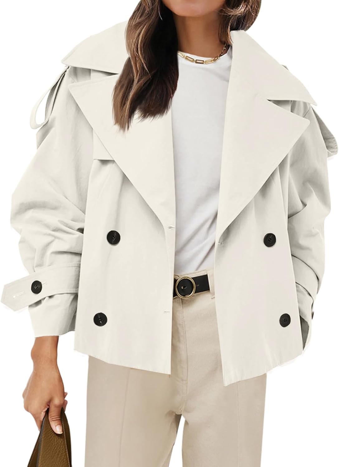 Womens Cropped Trench Coat Casual Double Breasted Short Jacket