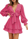 Womens Spring Summer Knot Front V Neck Ruffle Mini Dress - Flowy Fit