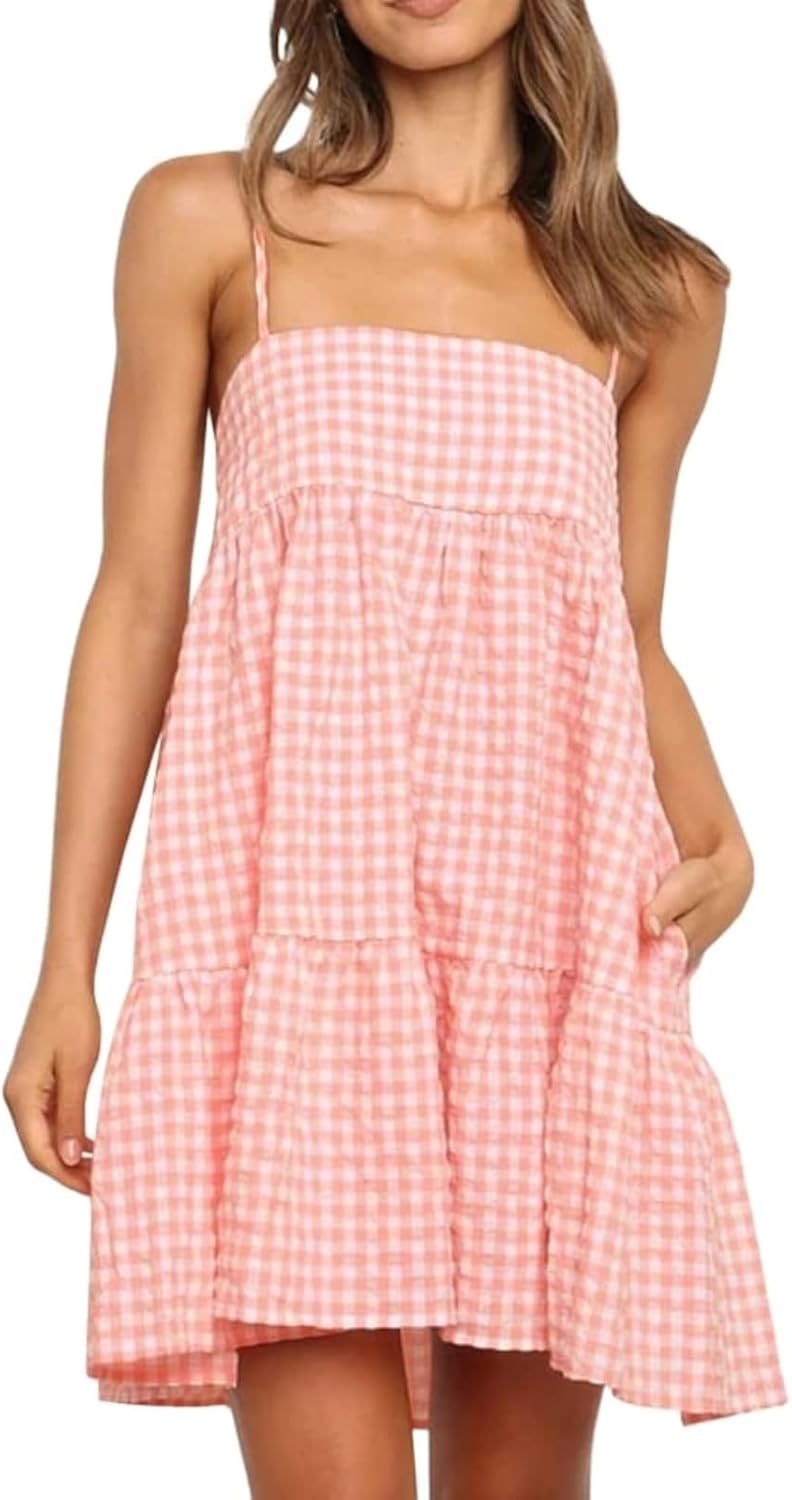 Womens Summer Plaid Mini Dress with Pockets for Casual Wear