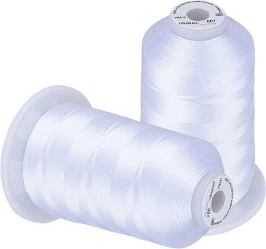 Premium White Embroidery Thread 5500 Yards - 2 Huge Spools 40wt Polyester