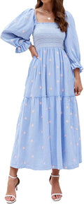 Women Floral Embroidered Maxi Dress Long Puff Sleeve Square Neck off