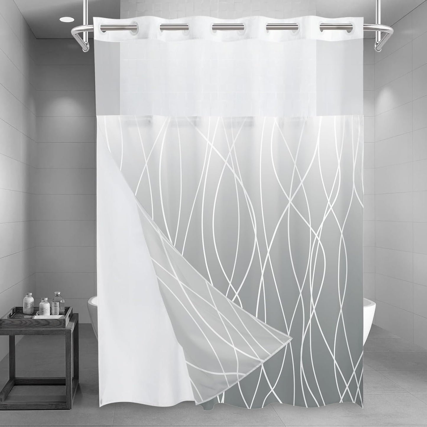 No Hook Ombre Light Grey Striped Shower Curtain Set for Spa Feel