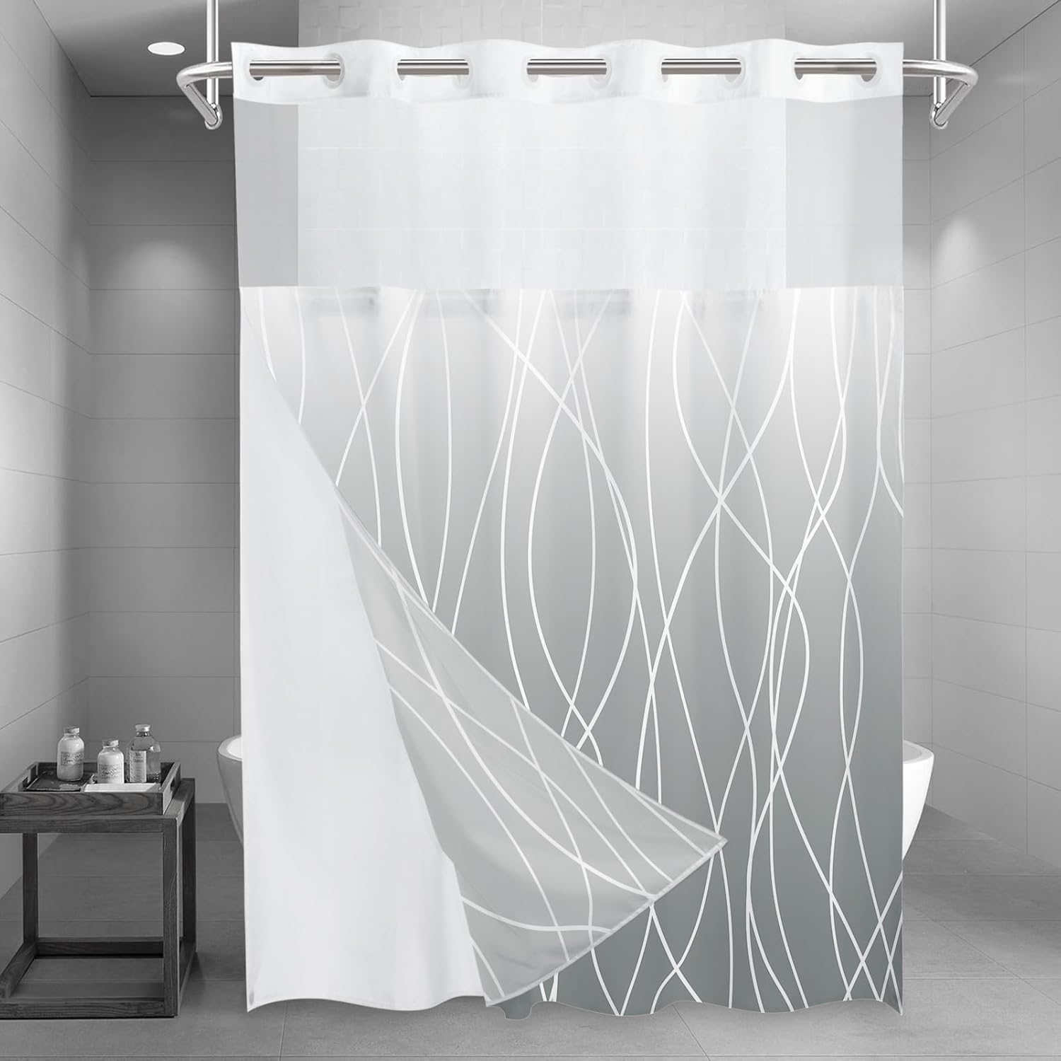 No Hook Ombre Light Grey Striped Shower Curtain Set for Spa Feel