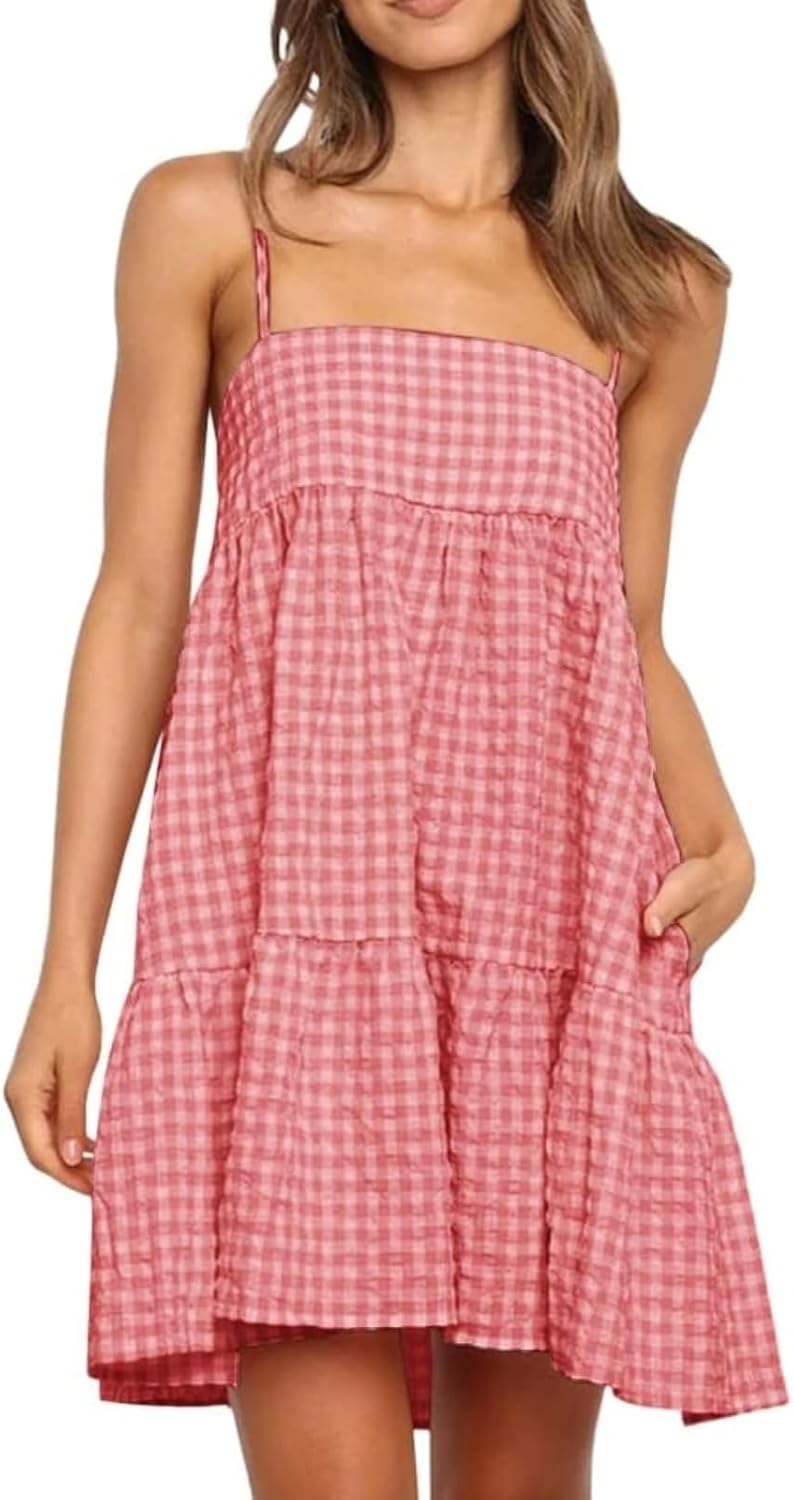 Womens Summer Plaid Mini Dress with Pockets for Casual Wear