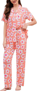 SWOMOG Women Pajama Sets Two-Piece Short Sleeve Top with Long Pants is