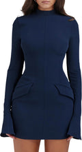 YMDUCH Women's Long Sleeve Mock Turtle Neck Bodycon Mini Dress