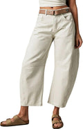 Womens Stretchy Mid Rise Barrel Jeans - Vintage Loose Wide Leg Cropped