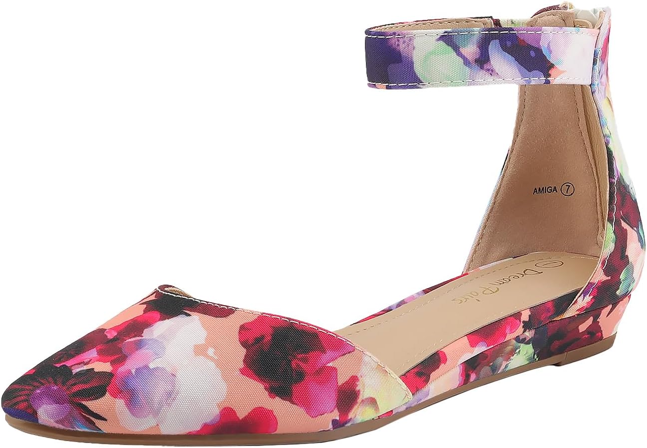 DREAM PAIRS Women's Low Wedge Round Toe Ankle Strap Flats