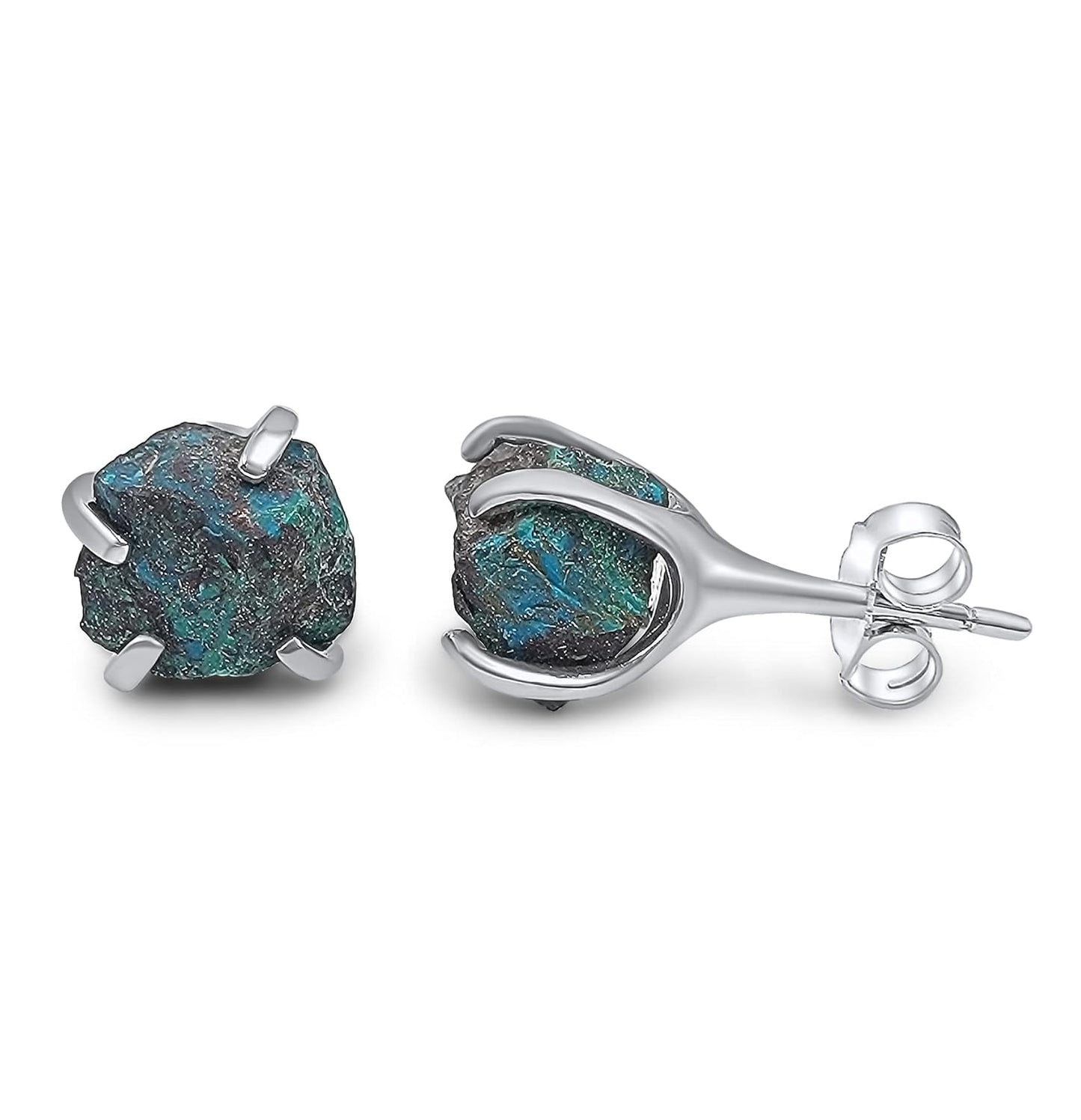 Natural Raw Chrysocolla Stud Earrings in White Gold Over Silver