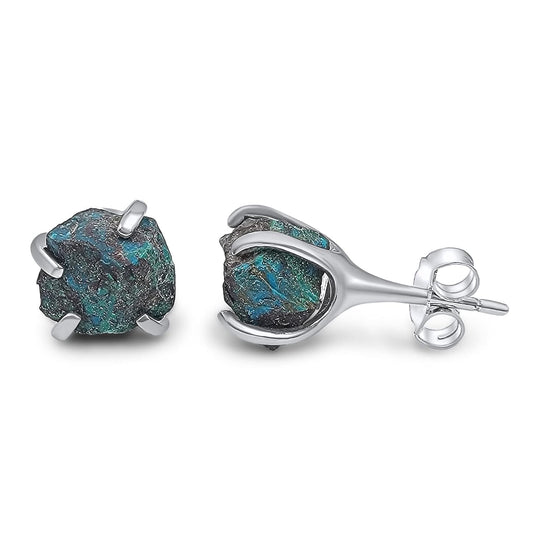 Natural Raw Chrysocolla Stud Earrings in White Gold Over Silver