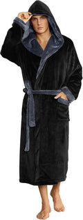 Mens Hooded Fleece Robe - Plush Long Bathrobe with Big Hood