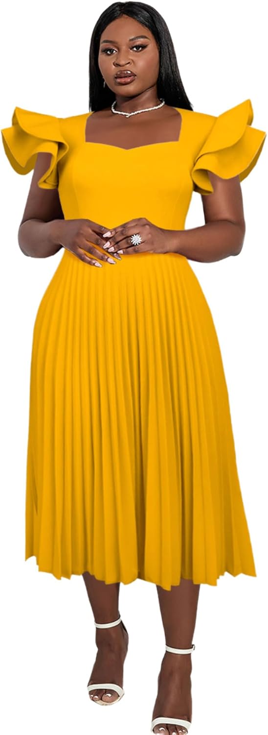 AOMEI Women's Elegant Midi Dress with Ruffles and Pleats