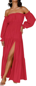 Boho Off Shoulder Smocked High Waist Maxi Dress - Flowy Tiered Style