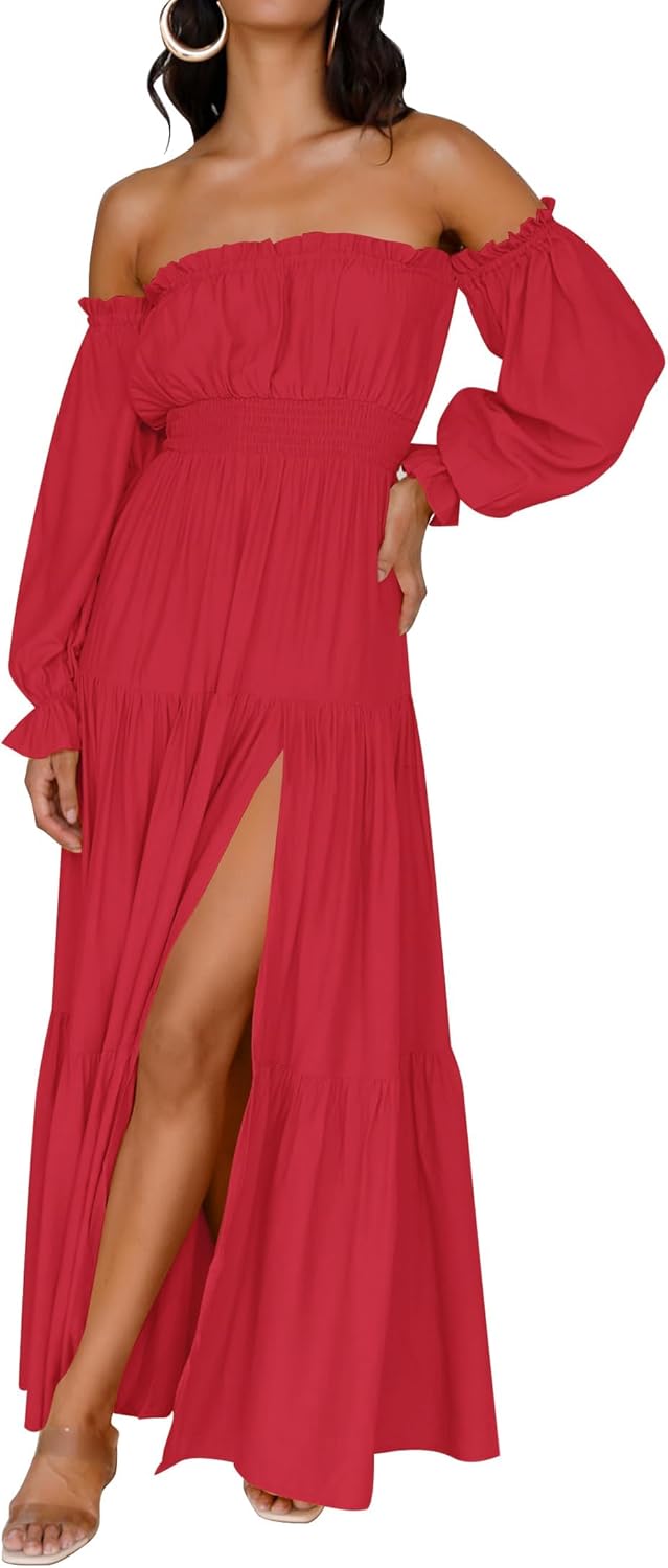 ZESICA Women's Boho Off Shoulder Long Sleeve Maxi Dress