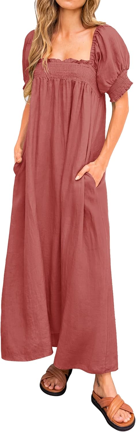 KIRUNDO Women Summer Maxi Dress Casual Loose Puff Sleeve Style