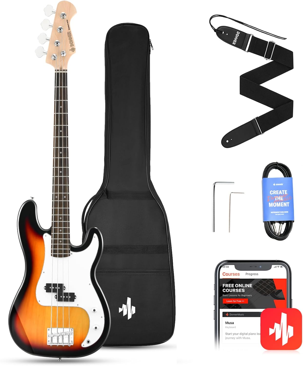 Donner Electric Bass Guitar Full-Size Beginner Kit with Accessories