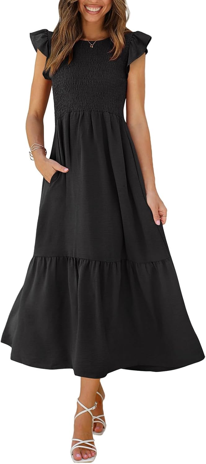 OFEEFAN Women's Casual Maxi Dresses with Pockets and Ruffle Sleeves
