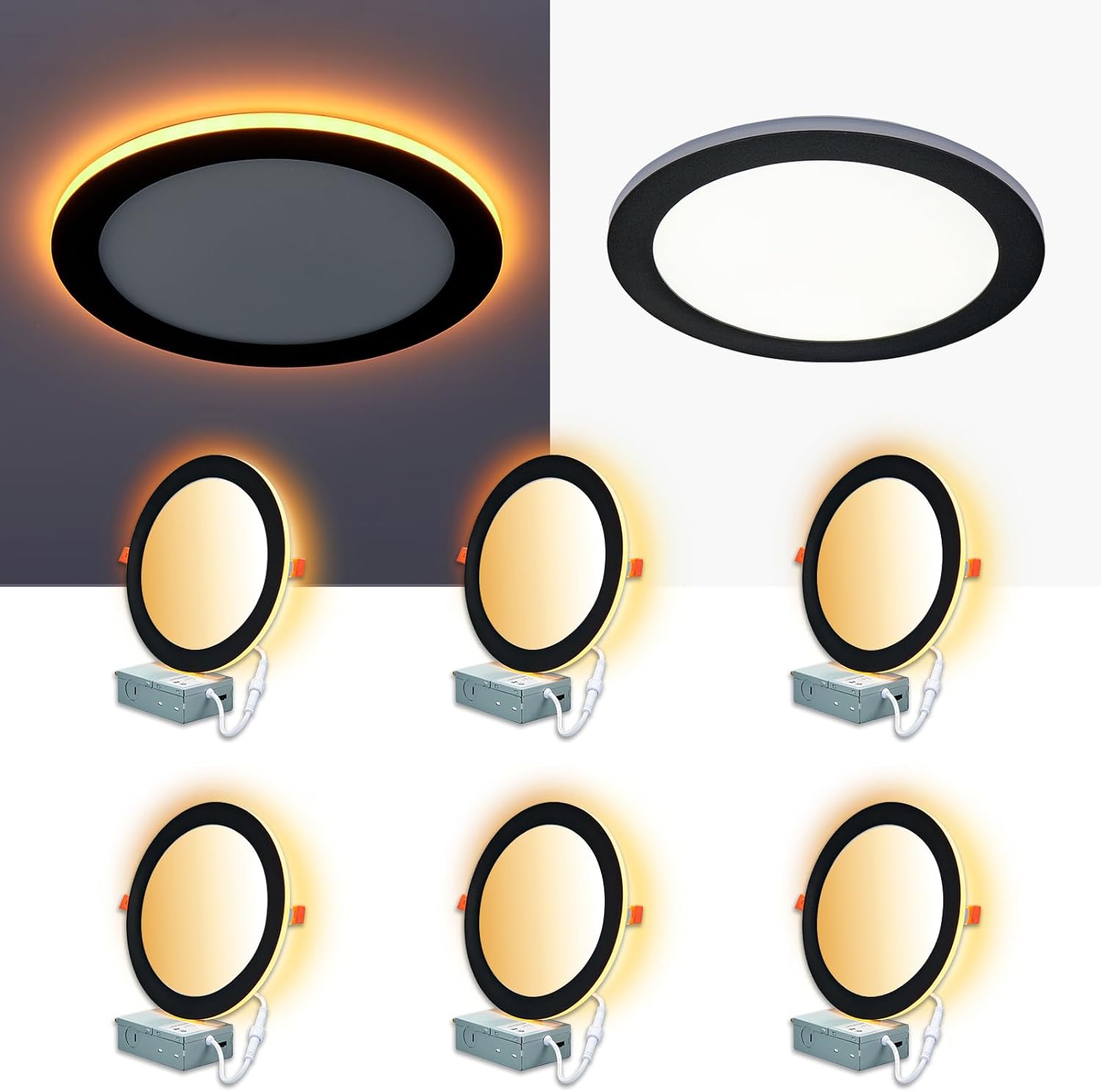 6-Pack 8 Inch LED Black Recessed Lights with Night Light Mode