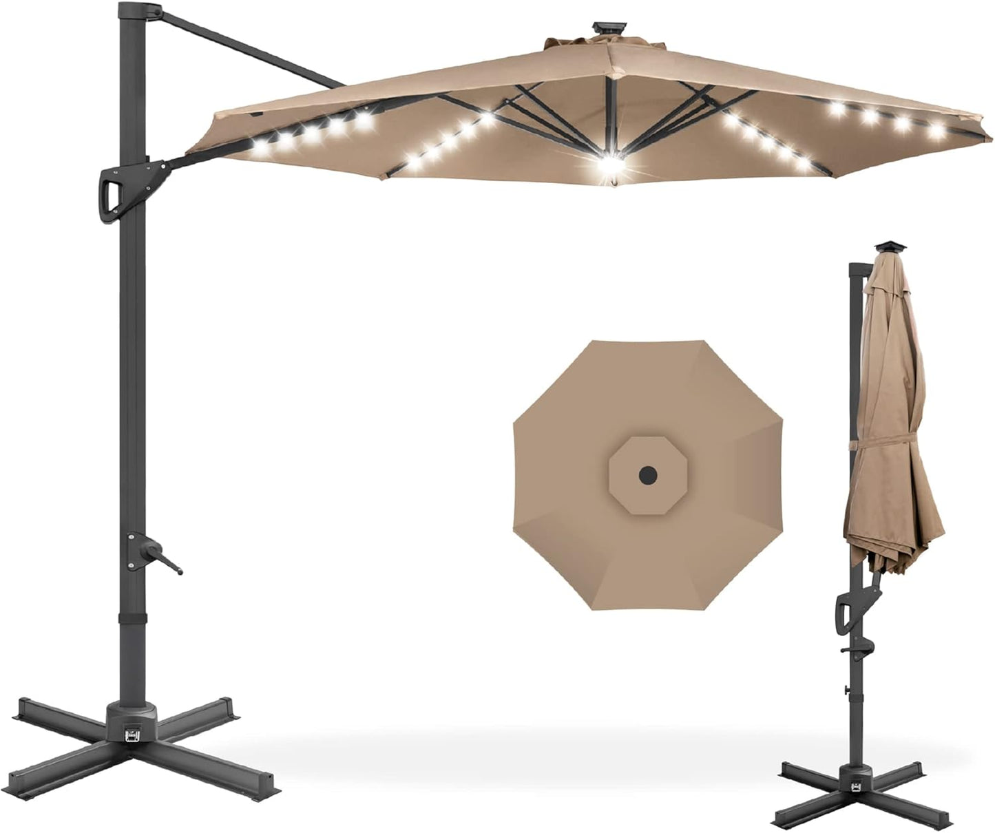 10ft Solar LED Cantilever Patio Umbrella with 360-Degree Rotation