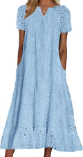 Women Summer Ruffle Hem Eyelet Lace Midi Dress - Flattering Casual