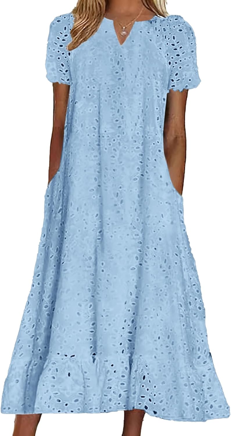 Chouyatou Women Summer Ruffle Hem Floral Lace Eyelet Dress