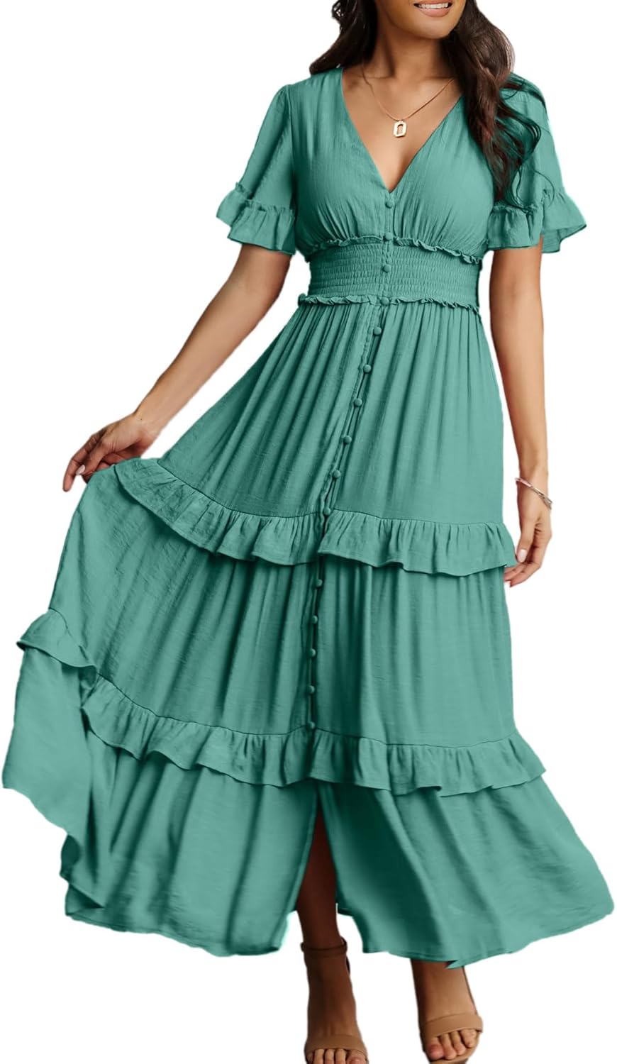 Amegoya Women's V Neck Long Sleeve Boho Maxi Dress for Summer