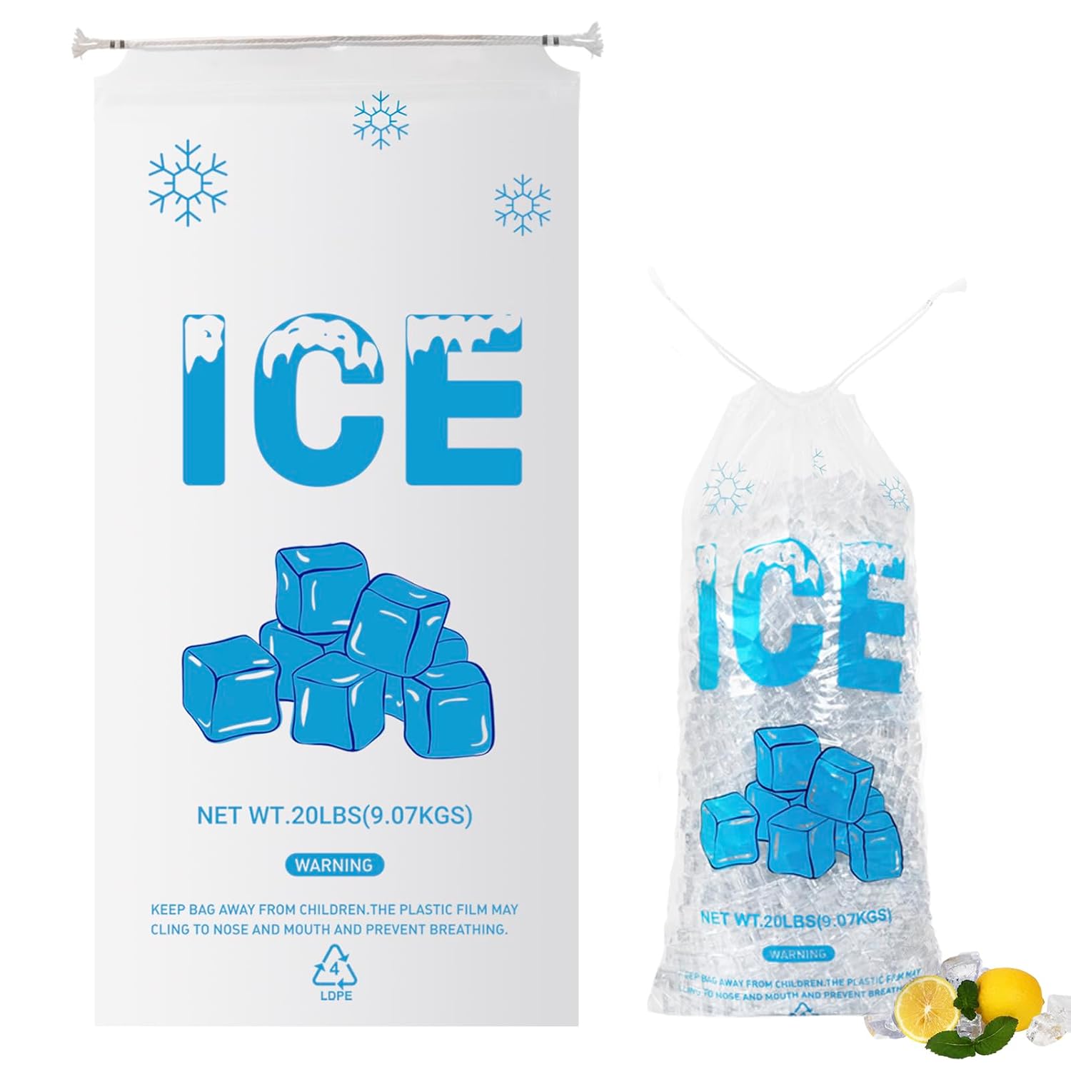 100 Pack Heavy-Duty Plastic Ice Bags with Cotton Drawstring