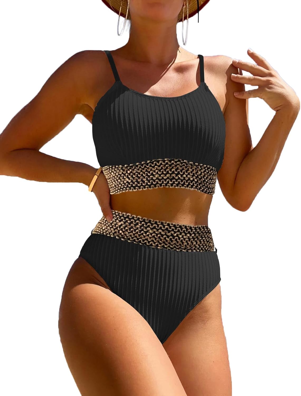 Stylish Women's High Waisted Ribbed Bikini Set for Summer Fun