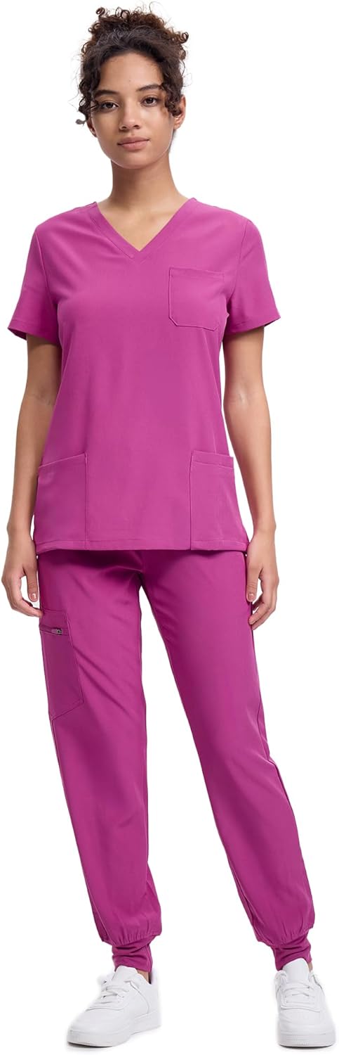 Women's V-Neck Scrubs Top & Cargo Pants Set with 10 Pockets