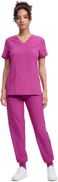 Women's V-Neck Scrubs Top & Cargo Pants Set - 10 Pockets, 4 Way front