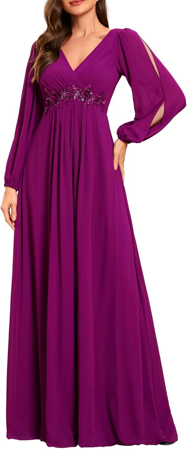 Elegant V Neck Long Lantern Sleeve Chiffon Evening Dress