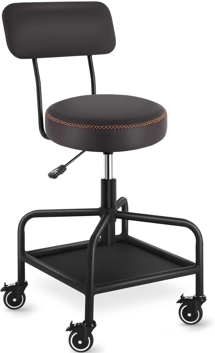 Shop Stool with Lockable Rubber Wheels and Adjustable Backrest