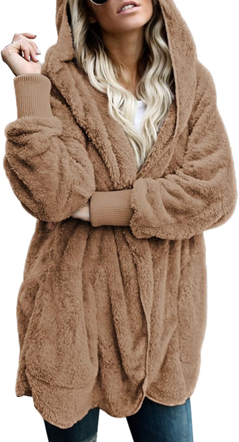 Dokotoo Womens Fuzzy Fleece Open Front Hooded Cardigan Jacket