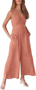 Women's Linen Blend Wide Leg Jumpsuit with Cutout Front - Summer 2025