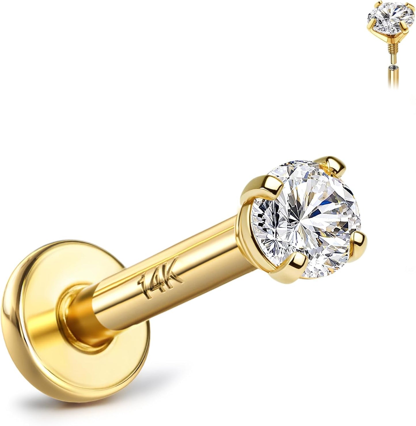 14K Solid Gold Flat Back Earrings for Comfortable Piercing Wear