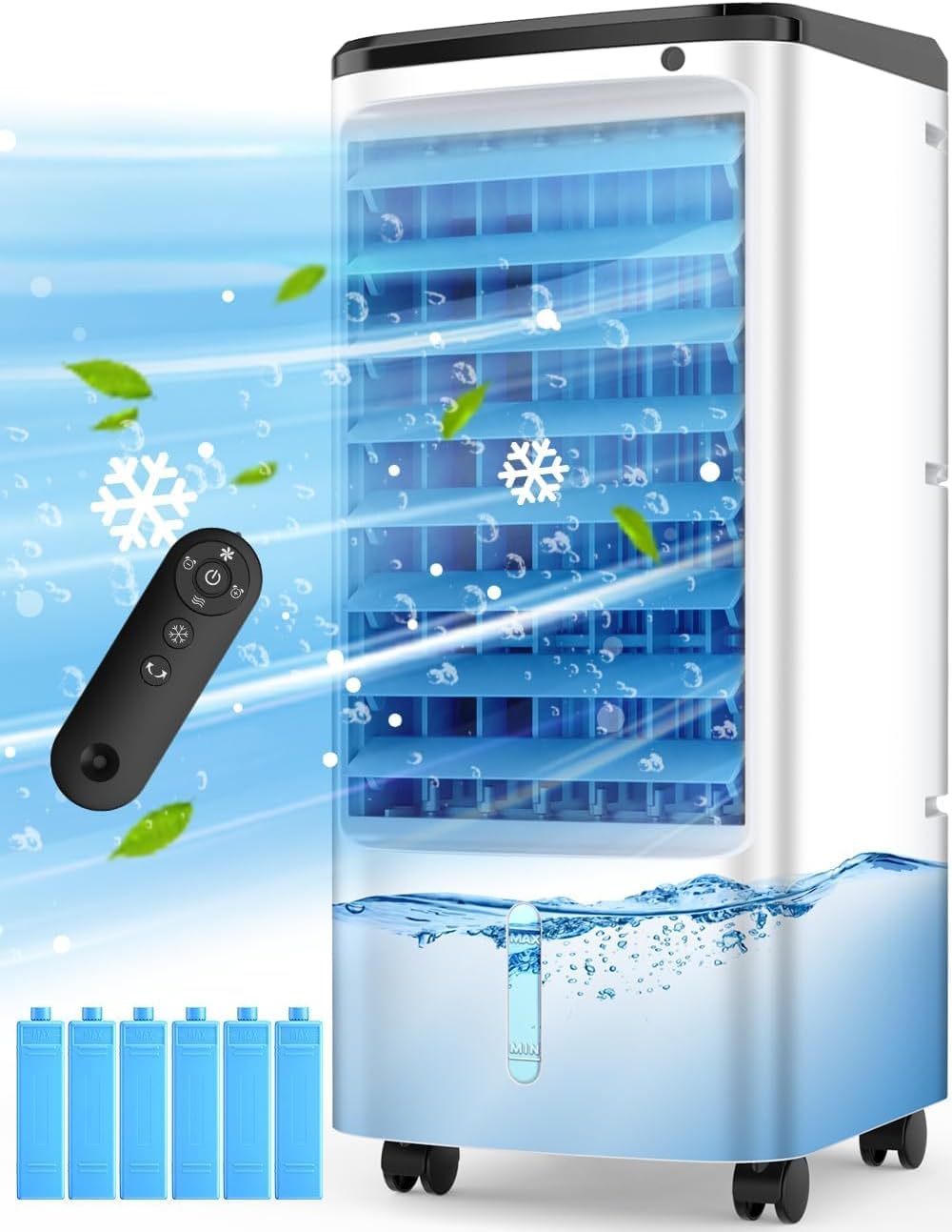 Portable Dual Tank Air Cooler - 12H Timer, 6 Ice Packs, Remote Control