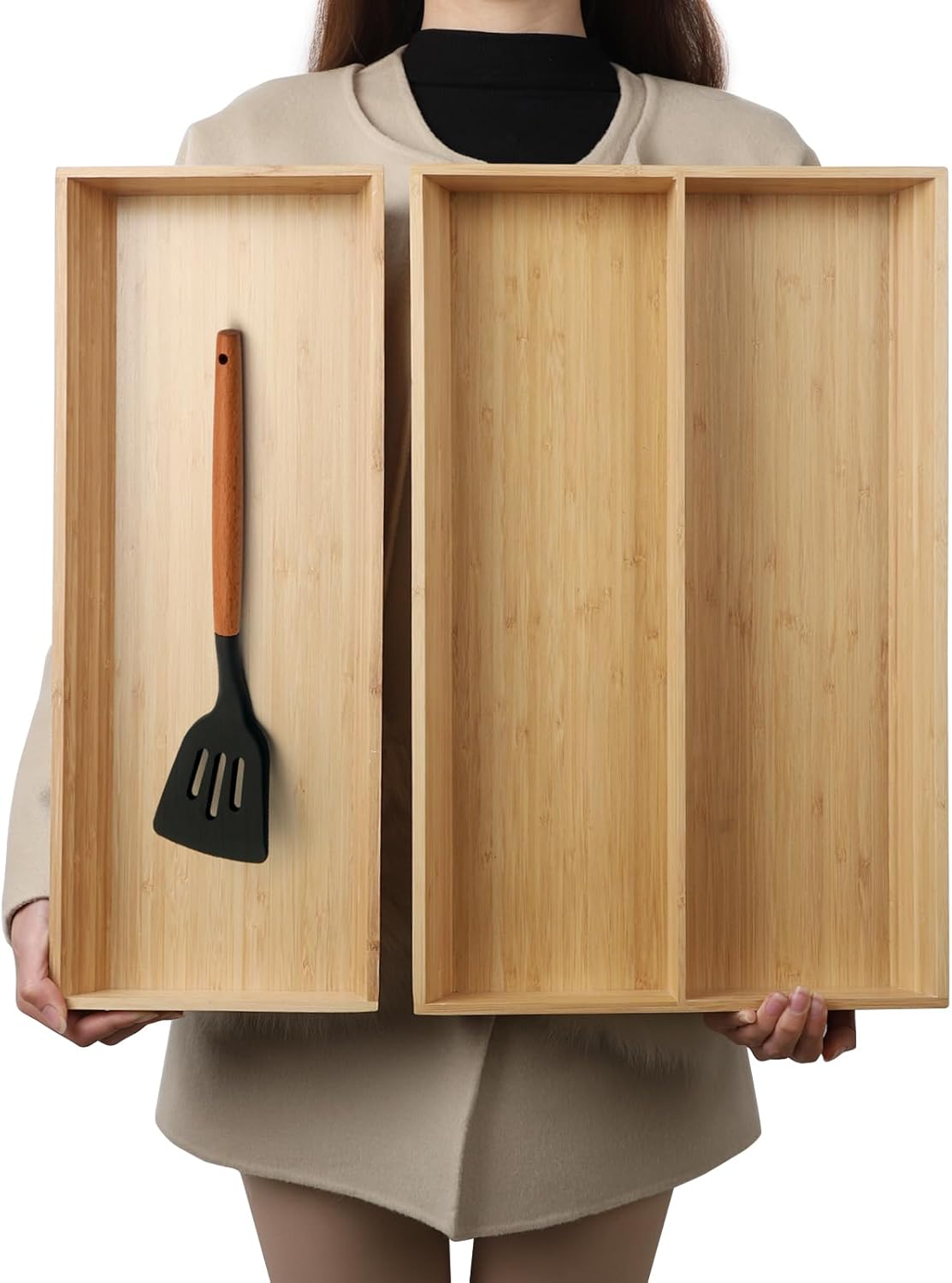 2-Piece V-Shaped Bamboo Drawer Organizer for Kitchen Utensils