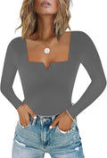 Womens Square Neck Notch V Neck Bodysuit - Double Lined Comfort