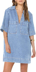 Fisoew Womens Denim Shirt Dress Mini Collared V Neck - Casual Summer