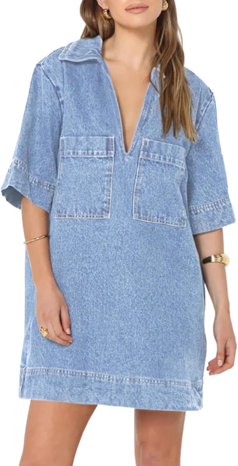 Fisoew Womens Denim Shirt Dress for Summer Casual Style