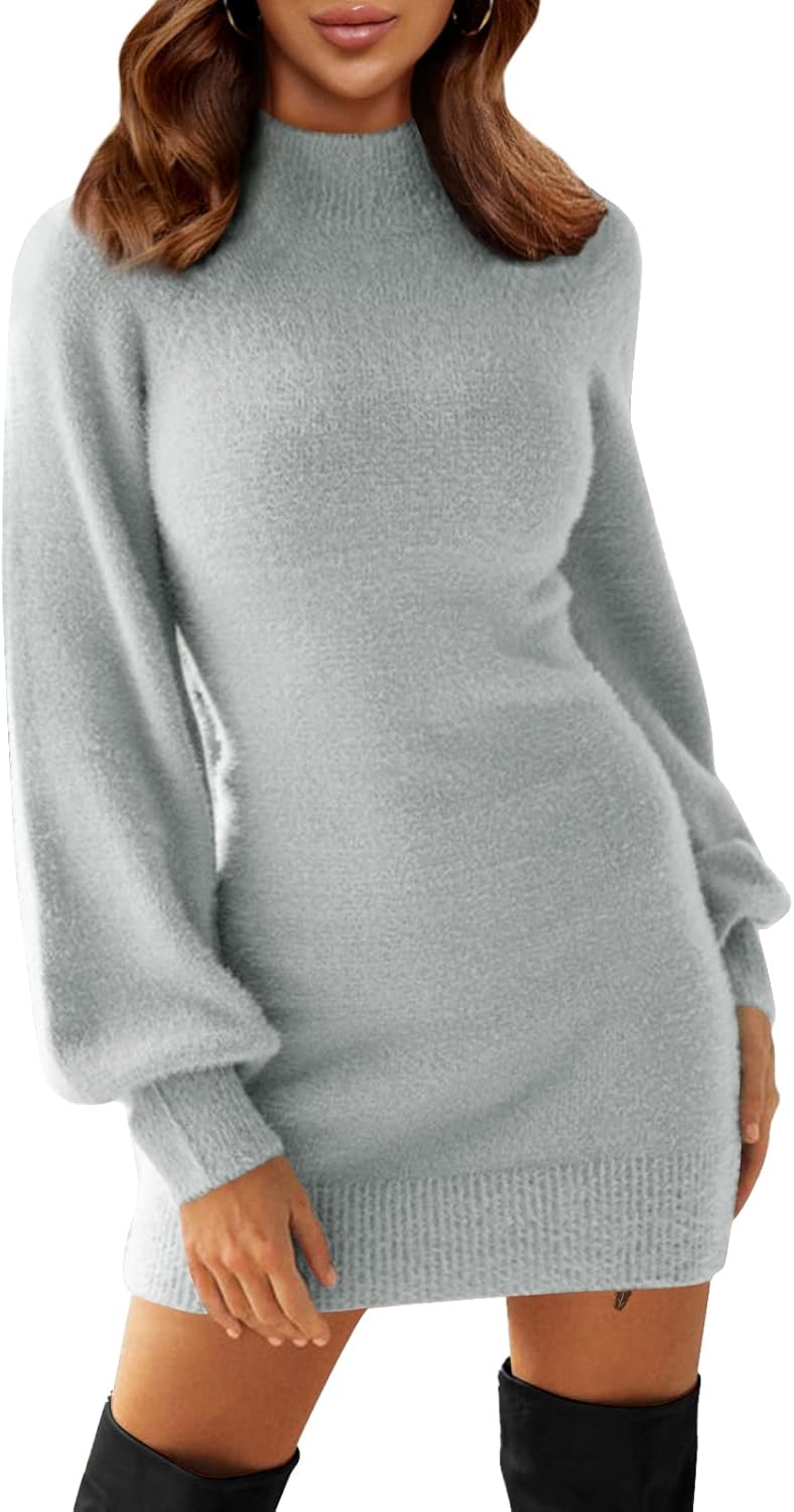 EXLURA Women's Mock Neck Ribbed Long Sleeve Bodycon Dress