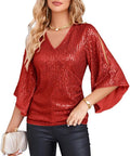 GRACE KARIN Womens Sparkly Sequin Top 3/4 Sleeve V-Neck - Party Ready