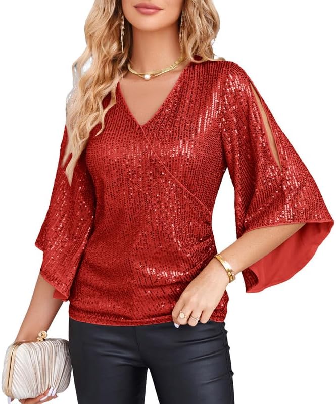 Sparkly Sequin Tops for Women - V-Neck Glitter Blouse