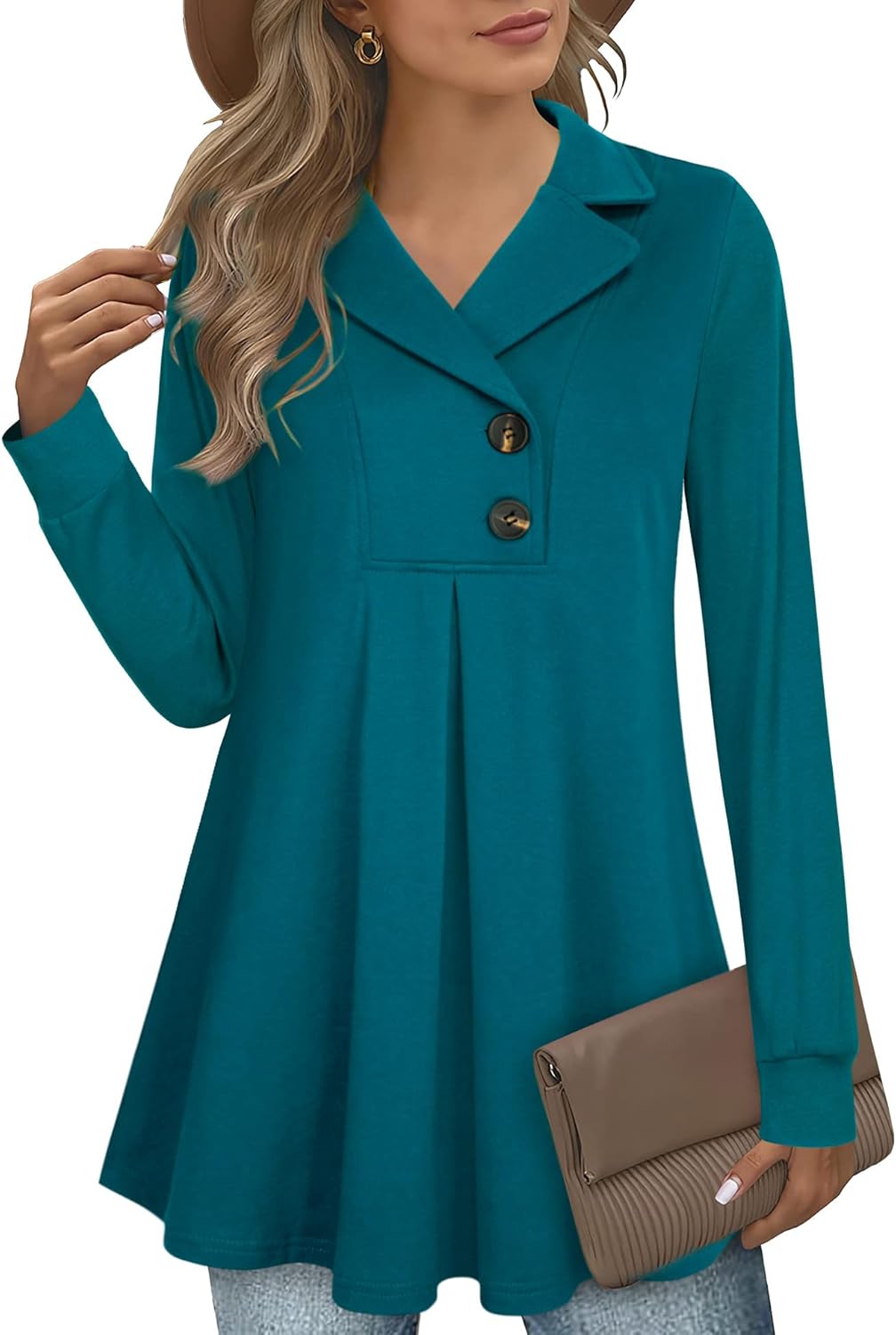 Gaharu Women's Swing Tunic Notch Collar Long Sleeve Pullover