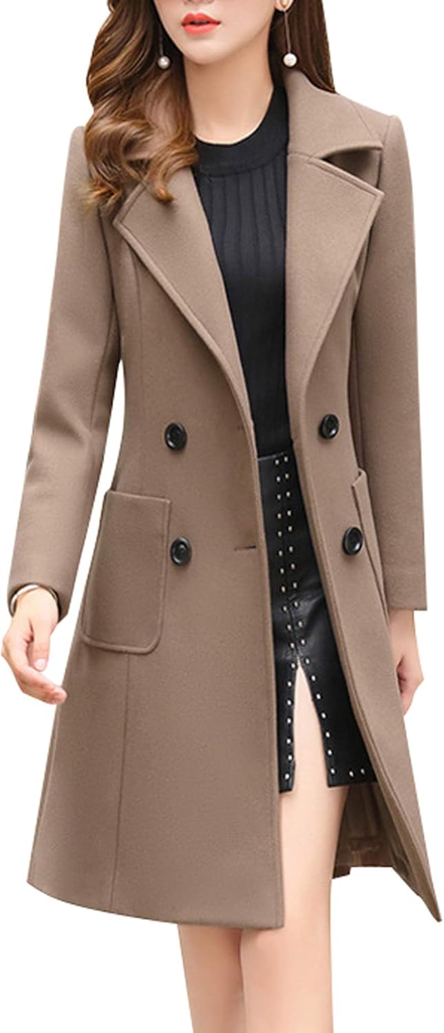 Elegant Notched Collar Double Breasted Wool Blend Over Coat