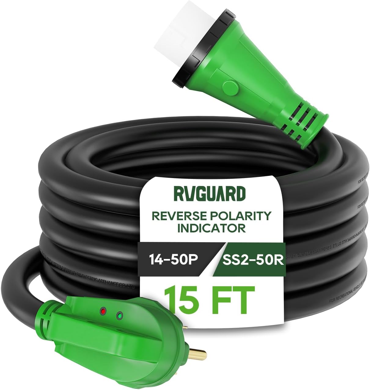 RVGUARD 50 Amp 15 Foot RV Power Cord with Reverse Polarity Indicator